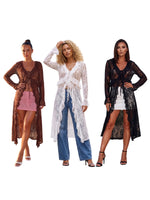 Women Casual Lightweight Floral Lace Ruffles Cover-ups Long Duster Summer Solid Color Tie Front Cardigan