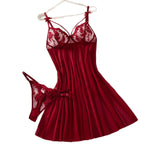 Burgundy Floral Lace Sheer Mesh Babydoll Lingerie Set Slip Nightdress With Matching Thong Women Sexy Sleepwear ZA825066