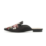2026 Big Size 43 Summer Women's Blue Mules Slipper Sandals with Silk Flowers Embroidery Comfy Walking Slide Flat Satin Shoes
