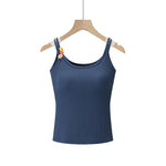 Fashion Solid Color Thin Strap Floral Chest Pad Women White Ribbed Top With Sleeveless Slim Fit Casual Summer Top Charming 3N4J