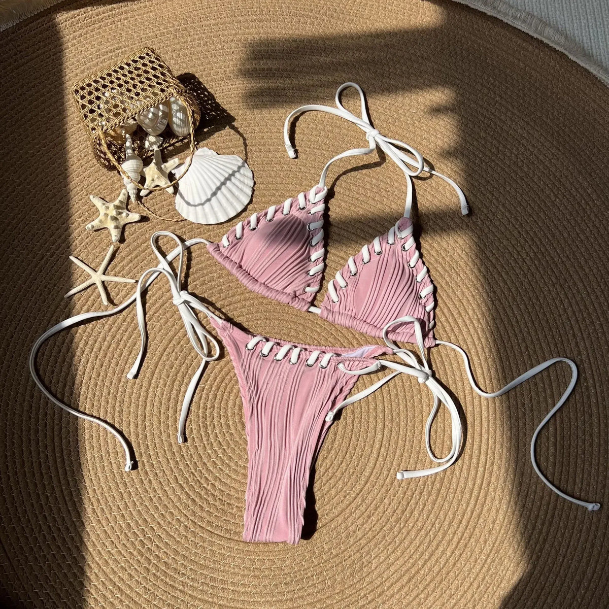 2025 Halter Wrinkled Weaved Bikini Women Swimwear Female Swimsuit Two Pieces Bikini Set Brazilian Bathing Suit Swim Beach Wear