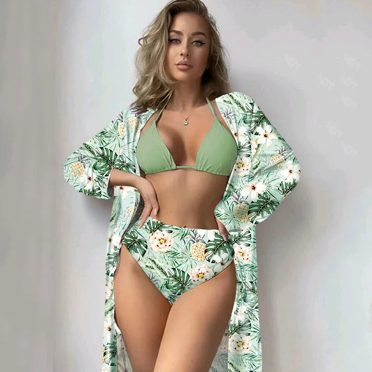 Fashionable Bikini Cover Up Three Piece Set Women Swimsuit Net Shirt High Elasticity Polyester Fabric with Chest Pad Bikinis Set