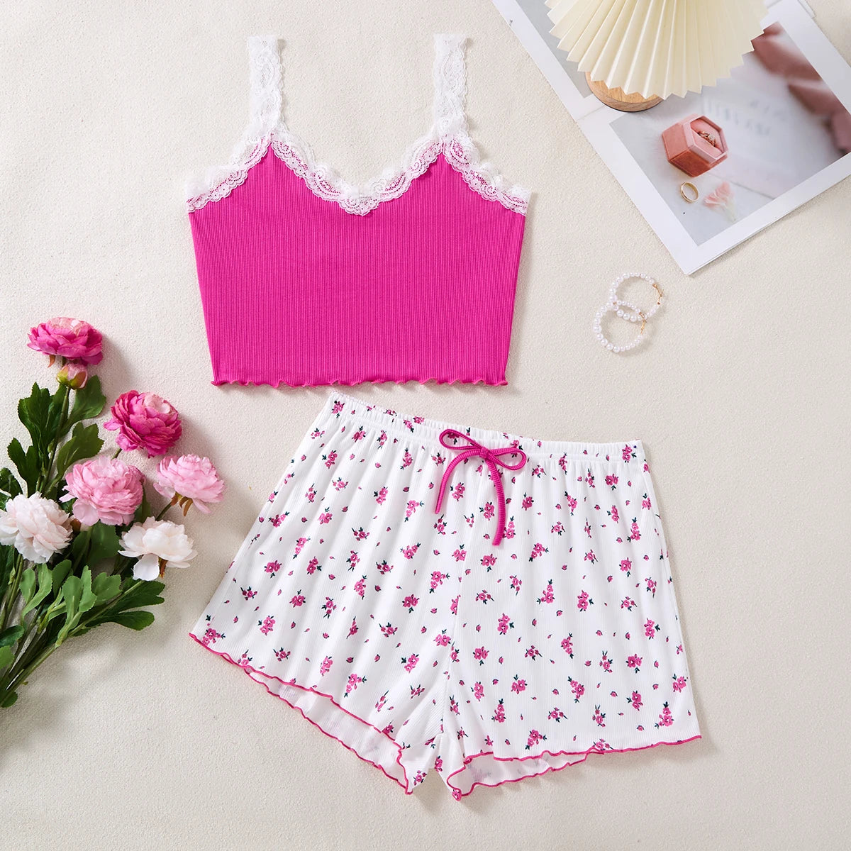 A Set Summer Pajamas For Women Mini Tank Tops And Shorts Best-Selling Loungewear Lace-trimmed Corset & Floral Short Pajama Sets