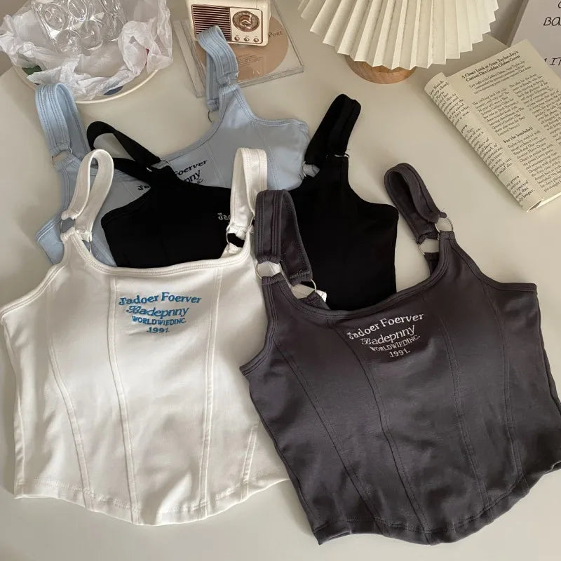 Letter Print Tank Top Women Cotton Bras Tops Hot Girls Streetwear Underwear Built In Bra Small Cup Crop Top Padded Camisole