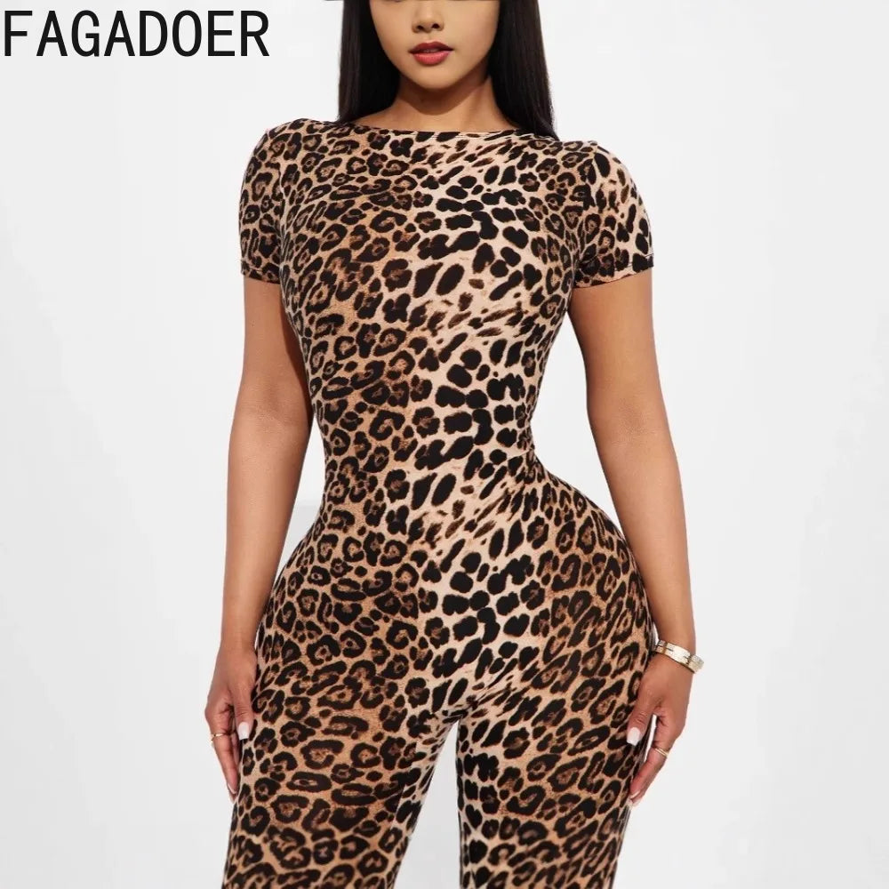 FAGADOER Sexy Leopard Print Bodycon Jumpsuits Women Sleeveless Backless Short SleeveRompers Female Club Party Overalls 2025