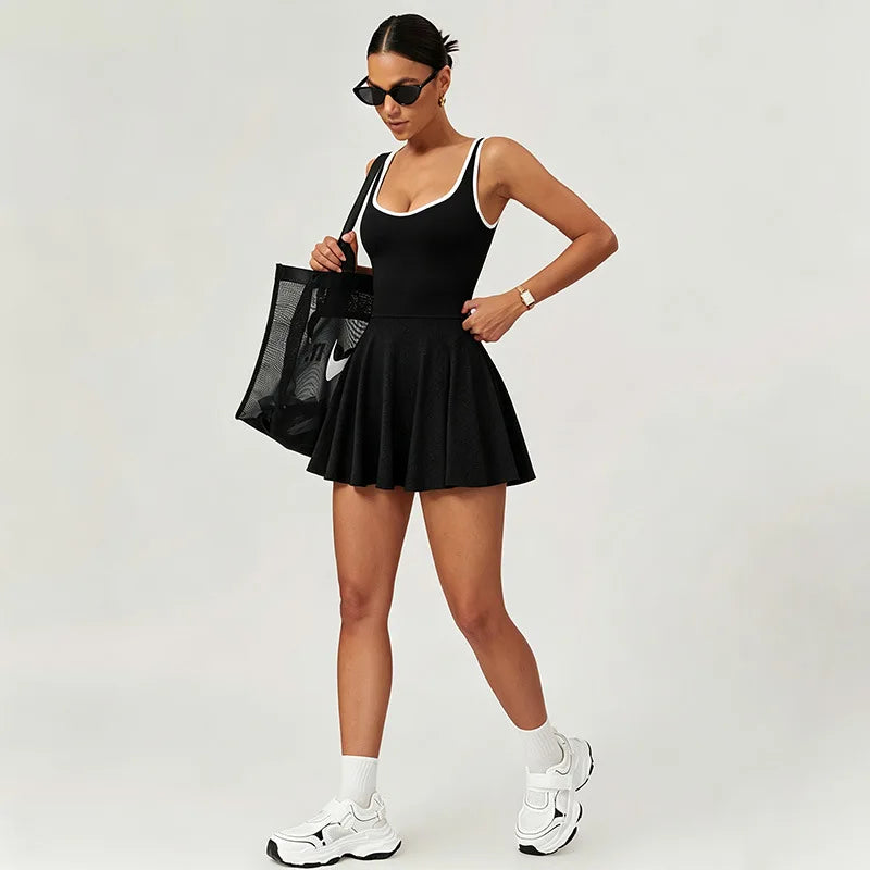 Naked Breathable Tennis Dresses with Built-in Pocket Shorts Women Color Contrast Hollow Out Backless Sports Golf Pleate Dress