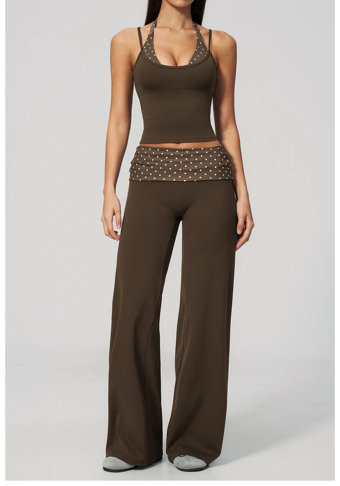 Women's 2 Piece Yoga Set Halter Neck Crop Top Fold Over Waist Wide Legged Flare Trousers Polka Dot Striped Gym Workout Running
