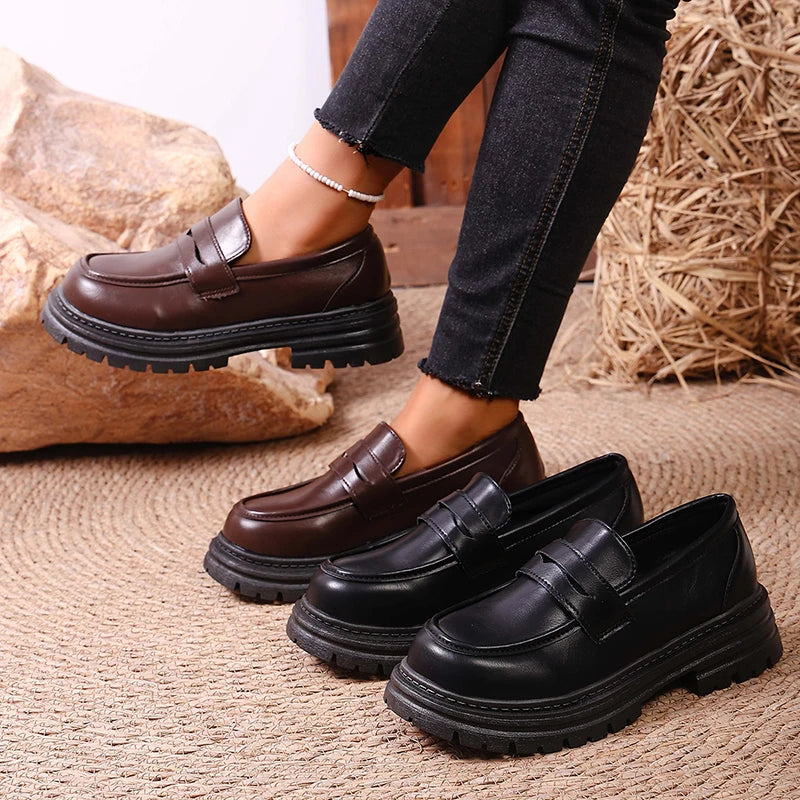 British Style Platform Loafers Women 2026 Autumn Slip On Thick Bottom Pu Leather Pumps Woman Plus Size 43 Office Student Shoes