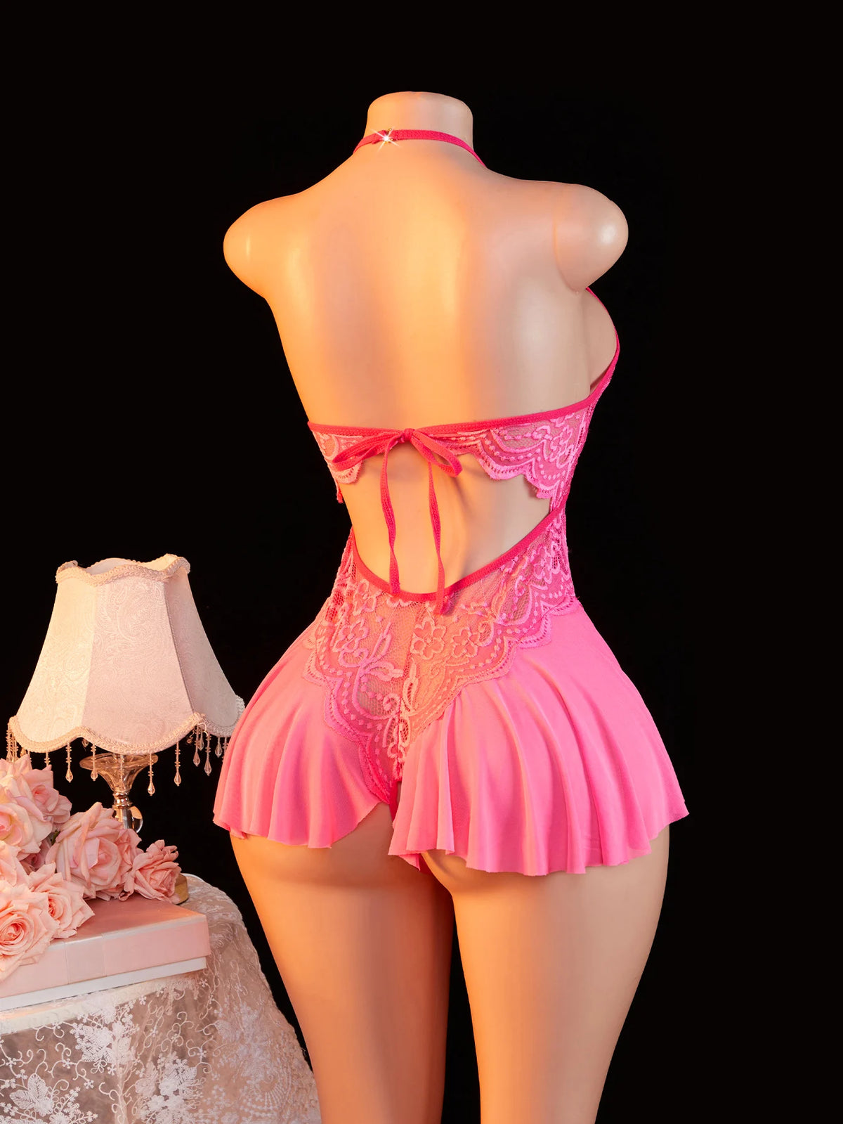 Adult Erotic Bodysuit Lace Hanging Collar Deep V-neck Semi Transparent Women Sexy Lingerie Crotchless Hot Underwear