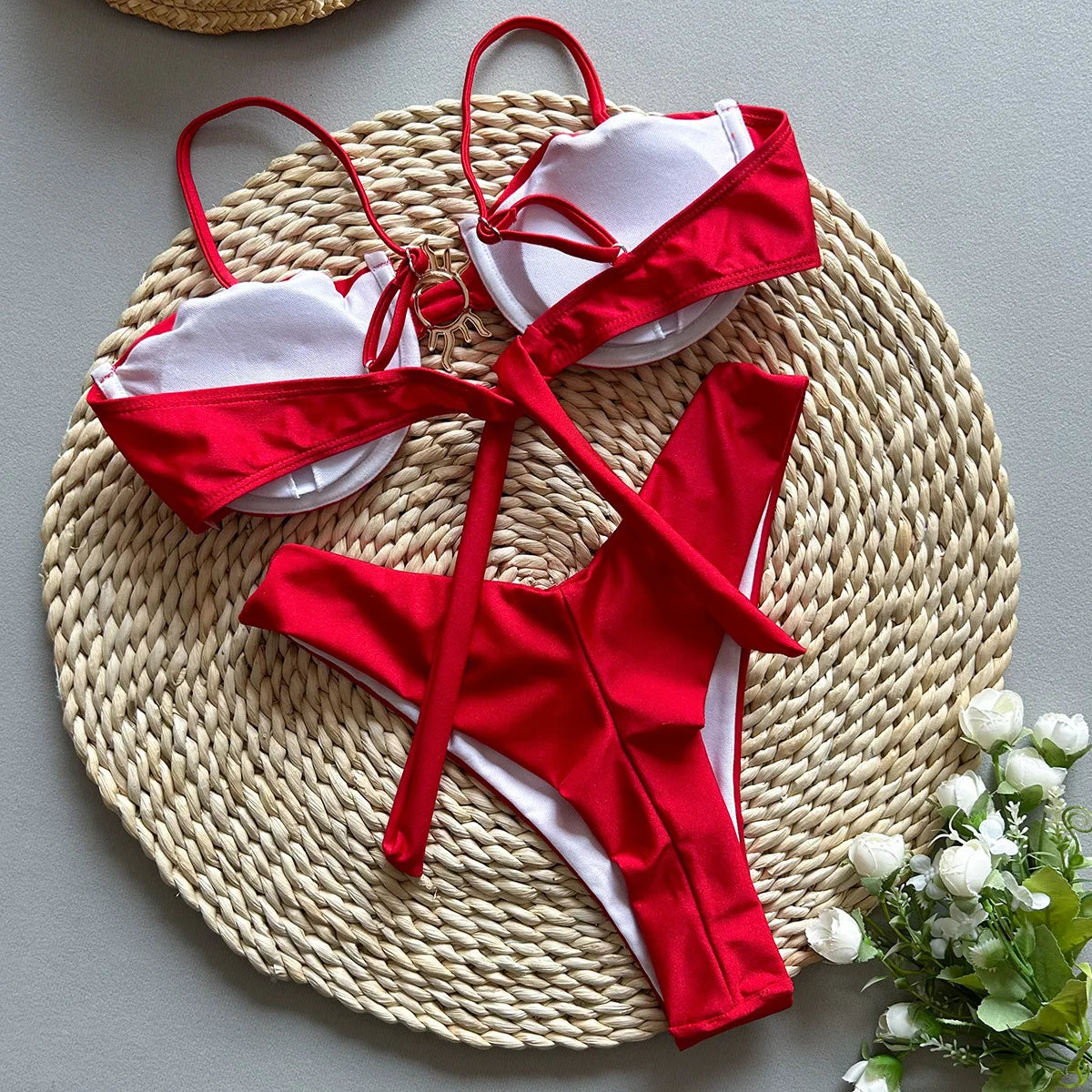 Sexy Metal Sun Ornament Bikini Set Women Solid Black Red Push Up Underwire Micro Swimsuit 2026 Brazilian Bathing Suit Swimwear