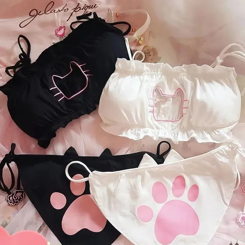 Japanese Anime Cat Cosplay Uniform Bra Panties Set Women Intimates Kawaii Lolita Hollow Out Sexy Lingerie Underwear Set