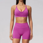 Seamless Yoga Excersize Sets Women Cross Back Sports Bra Tracksuit Workout Clothes High Waist Hip Lifting Shorts Fitness Suits