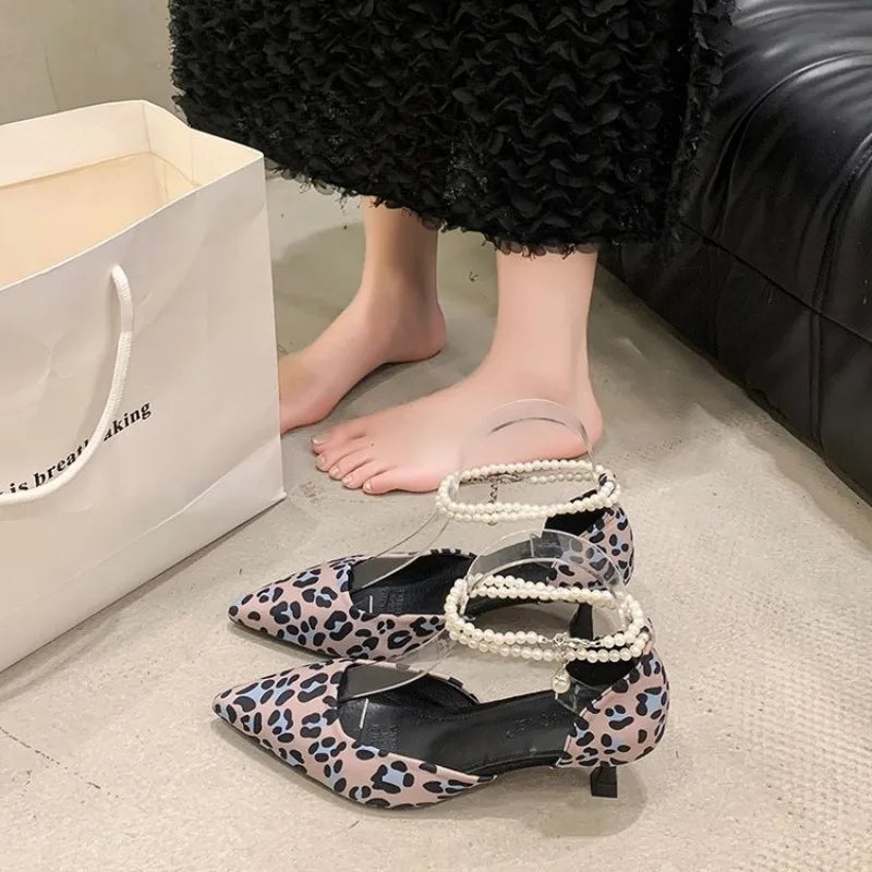 Baotou sandals for women's 2026 summer new shallow mouthed western-style leopard print high heels, metal pointed women's shoes