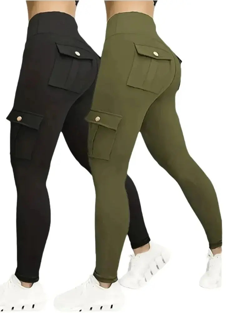 1/2 Pcs Women's Fitness Pants: High-Waisted Flared Cargo Pants With Pockets, Shaping and Tummy-Control Fitness Pants.