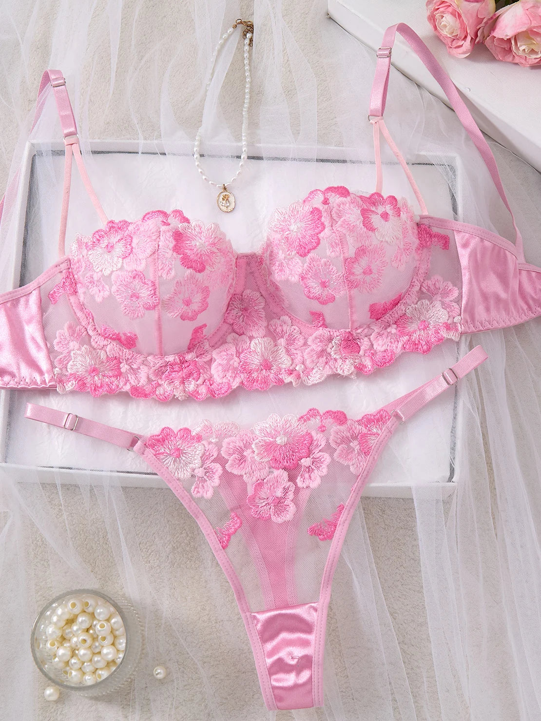 Pink 3D Floral Embroidery Lace Lingerie Set Underwire Bra With Matching Thong Women Sexy Intimates ZA825121