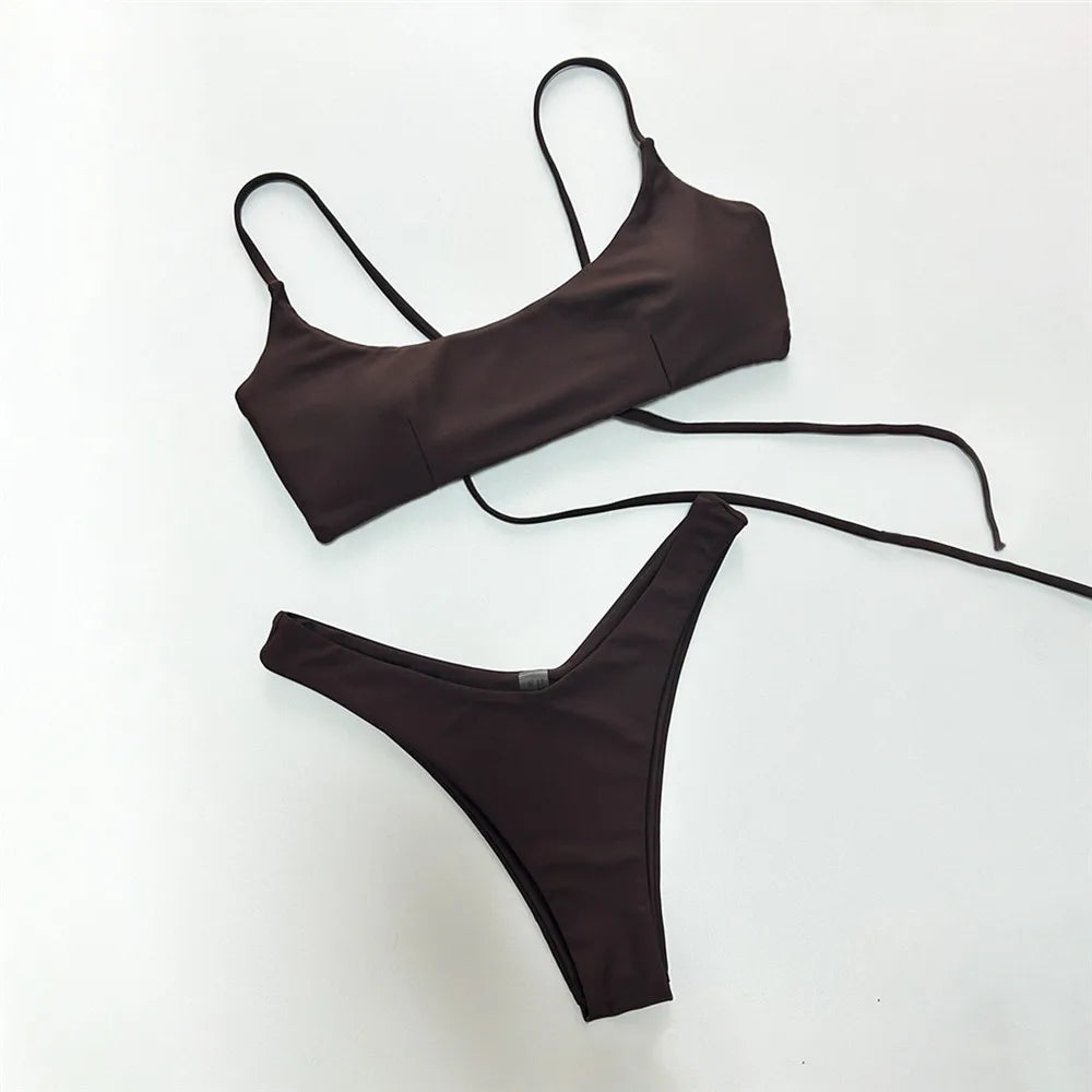 Brown Bandeau Micro Bikini Set Back String Lace-up Sexy Swimsuit Solid Swimwears Woman 2026 High Cut Bathing Suit Bikinis Femmes