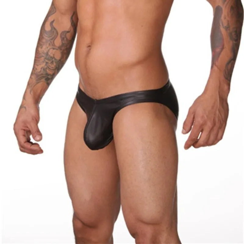 Men's Jockstrap PU Leather Underwear Pouch Panties Sexy Lingerie U Convex Low Waist Men Underpants Sensual Hombre