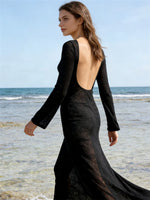 Women Knit Dress See Through Bikini Cover-ups Long Sleeve Crew Neck Backless Long Dresses Club Beach Sexy Swimwear Dresses