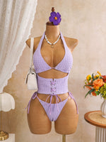 DEKA Vintage Pink Plaid Print Bikini Set Women Bandage Cross Fishbone Top 3 Piece Swimsuit Beach Holiday Bathing Suit Swimwear
