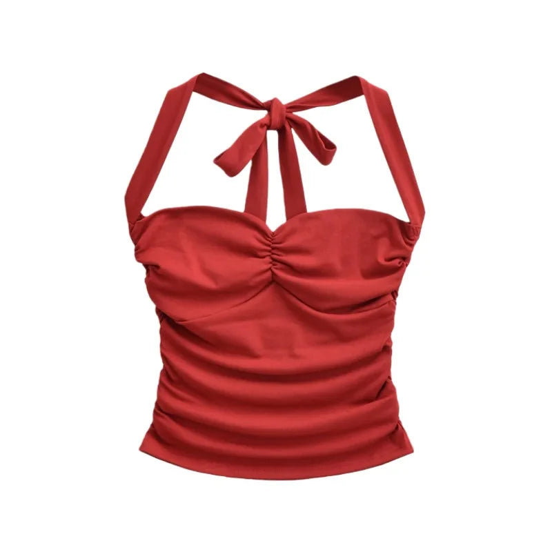 New Women's Fashion Sexy Backless Halter Neck Tie-up Ruched Tube Top Ultra-short Camisole Top In Solid Color Pure Desire F1MR