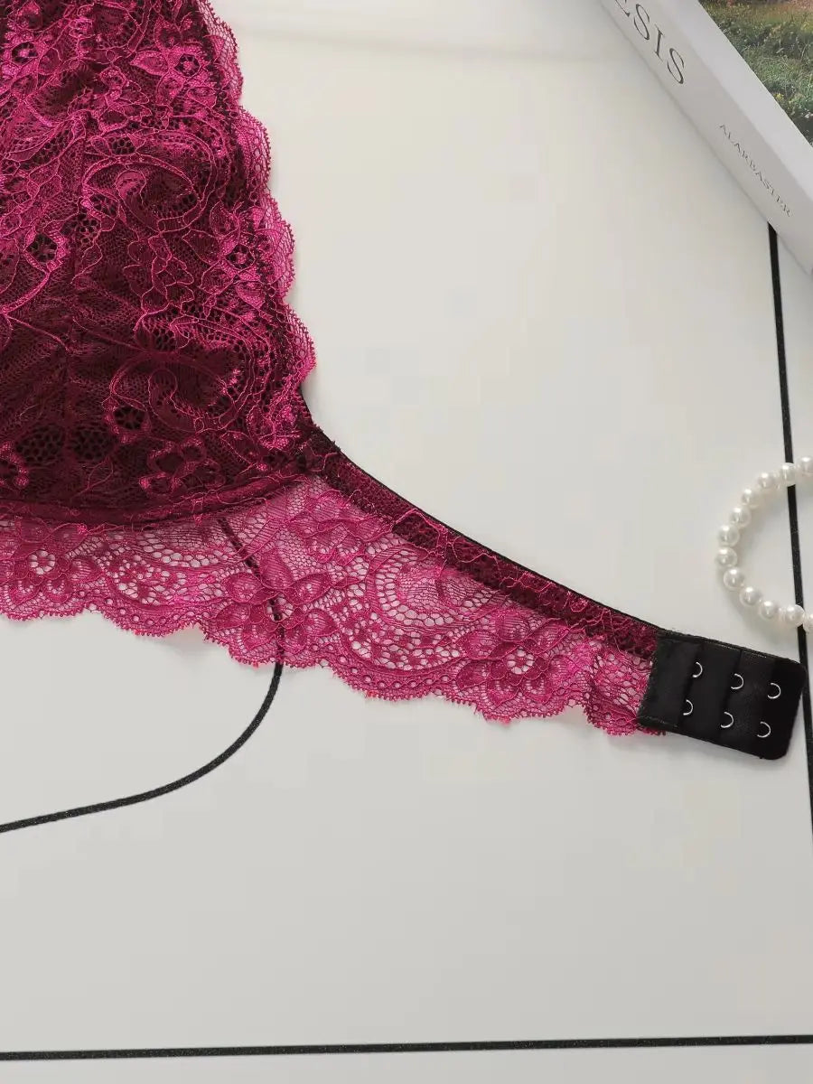 Women Floral Lace Halter Bralette Wireless Deep V Plunge Bow Decor Backless Bra Hollow Out Breathable Sexy Daily Lingerie A563