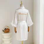 Fashion Satin Robe Female Bathrobe Sexy Lingerie Silk Kimono Bride Dressing Gown Women Sleepwear Furry 3/4 Sleeve Gown Bathrobe