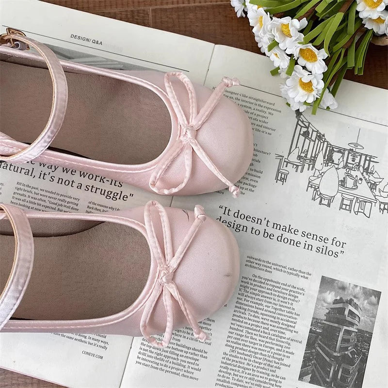2025 spring cute sweet Bowknot Mary Janes for Womenvintage Silk Med Heelspumps LadiesBanquet Wedding Single Shoes Mujer