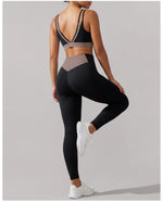 Summer Color-block Yoga Sets Women Thin Strap Open Back Shockproof Sports Bra Tight High Waist Leggings Training Fitness Suits