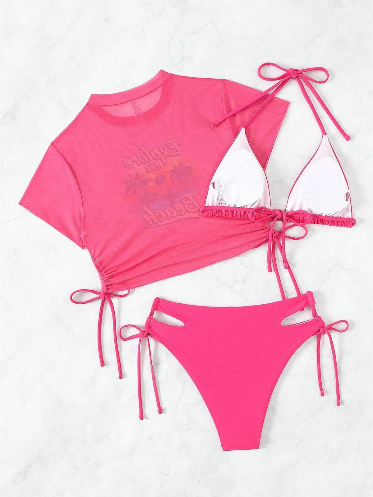 2026 Black Crop Top Swimwear Women Summer Sexy Beachwear Mesh Short Sleeve Cover Ups Top Three Piece Swimsuit Lace Up Bikini Set