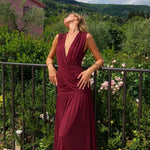 FDYOUI Womens Chic V-neck Sleeveless Pleated Long Maxi Holiday Dress Ladies Summer High Waist Tunics Solid Evening Party Dresses