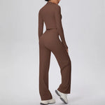 2 Pcs Women's Seamless Yoga Set Long-sleeved Wide-leg Pants Tracksuit Fitness Sports Set High-waisted Hip-lifting Slim-fit Suit