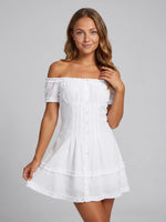 Women Summer White Dress Trim Off Shoulder Short Sleeve Button-up A-line Mini Dresses for Daily Office Party