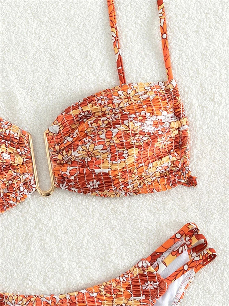 Sexy Pleate Micro Bikini Women U Neck Push Up Orange Floral Print Micro Swimsuit 2025 Summer Bathing Suit Lace Up Thong Swimwear