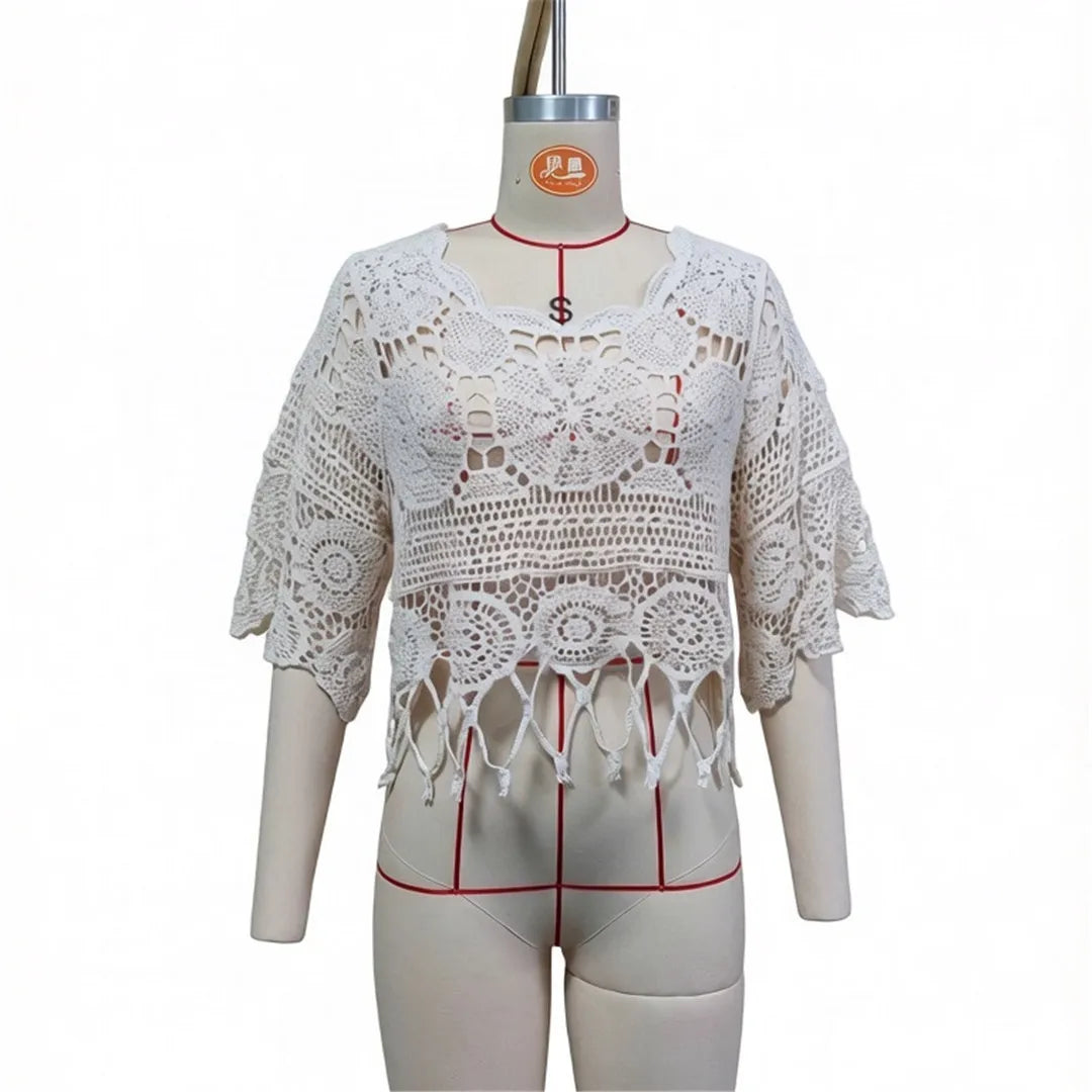 Half Sleeve Hollow Out Solid Crochet Knitted Tunic Beach Cover Up Cover-ups Beach Dress Beach Wear Beachwear Female Women V8401