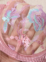 French Romantic Pink Satin Embroidered Lingerie Set Bra + Thong + Stockings Three-Piece Set