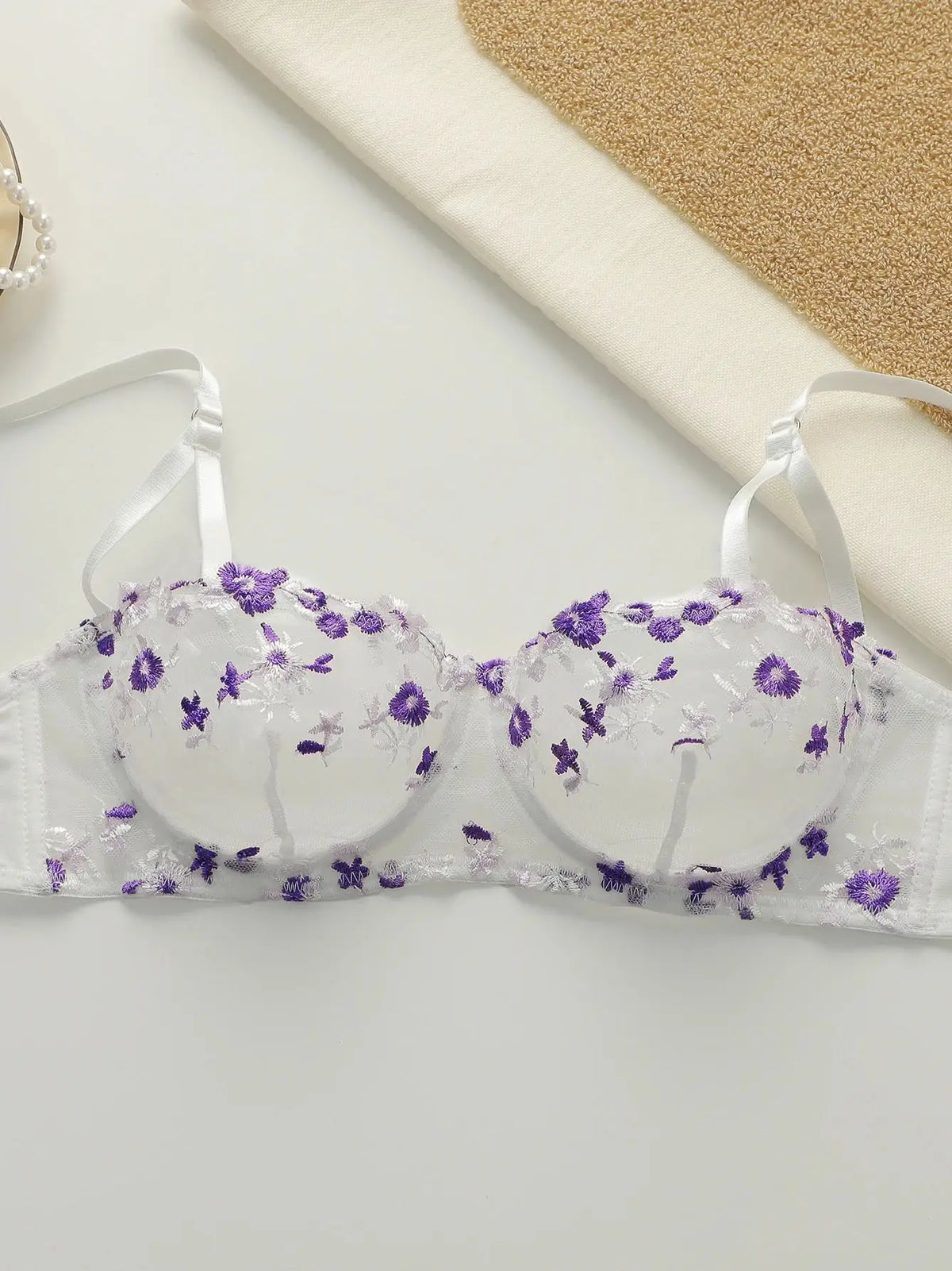 Beautiful flower embroidered bra, transparent sexy underwear with adjustable shoulder straps MR2956