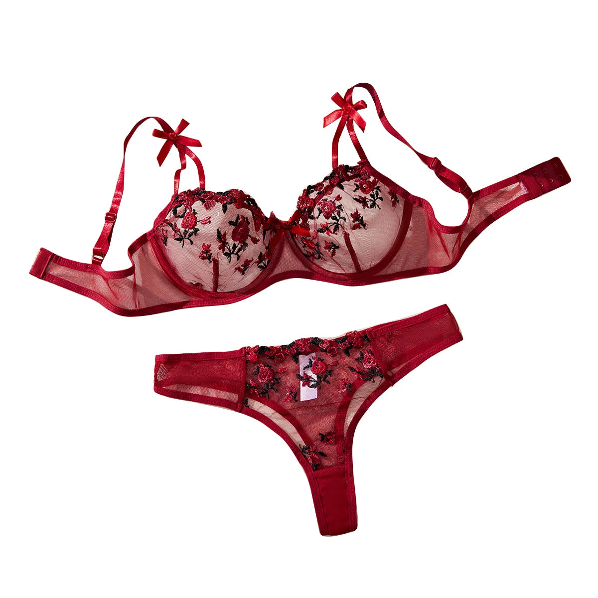 Red Unlined Transparent Embroidery Floral Sleepwear Lace Costumes Ladies Babydoll Bra And Briefs Set No-pad For Dating Gift