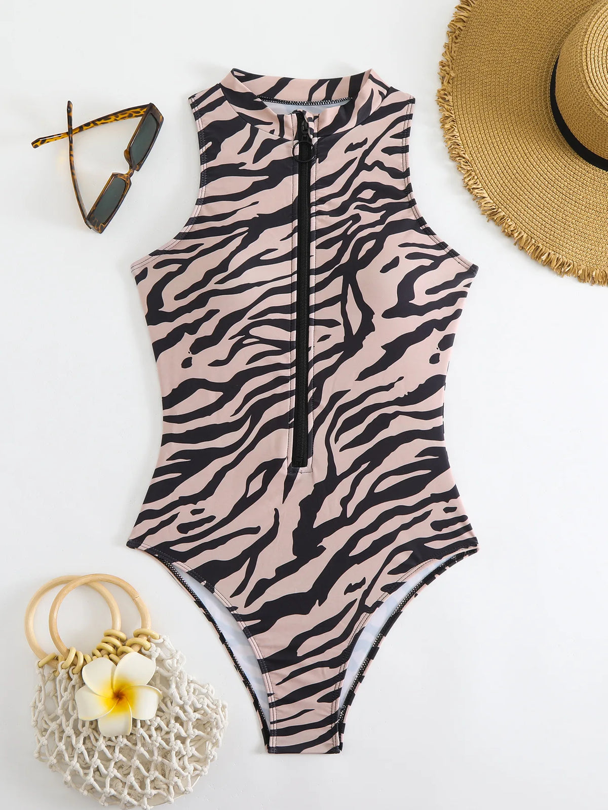 Zebra Print One Piece Swimsuit Woman High Neck Bodysuit Zipper Swimwear Beach Wear Leopard 2024 Bathing Suits Holiday Summer