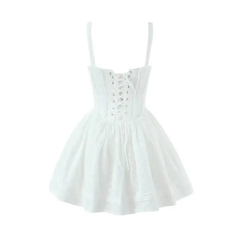 Vietnamese Sweet Lace Embroidered Tie-Waist Dress For Women Thai First Love Patchwork Pleated Puffy Short Skirt Pure Desire WPN1