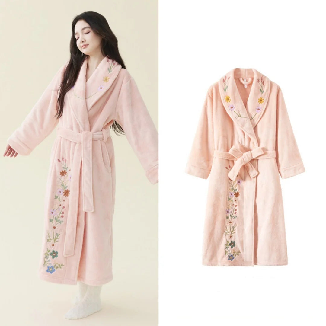 Ladies Elegant Premium Embroidered Coral Fleece Bathrobe Thick Extra Long Warm Winter Bridal Home Dressing Gown Sleepwear