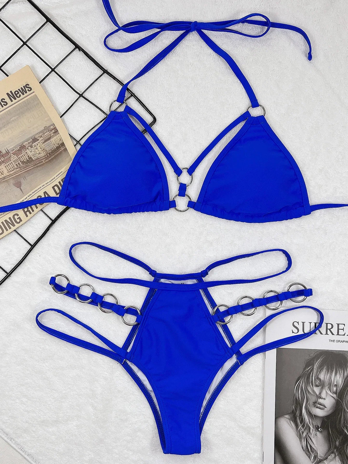 5 Colors Sexy Bikini Women Solid Hollow Swimwear Swimsuit Halter Bikinis Set Bathing Suit Beach Bikini Female Metal Ring Decor