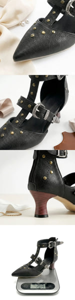 2026 Big Size 32-50 Vintage Gothic Punk Pointed Toe 6cm Kitten Heels with Western Cowboy Buckles & Studs Sandals Women Shoes