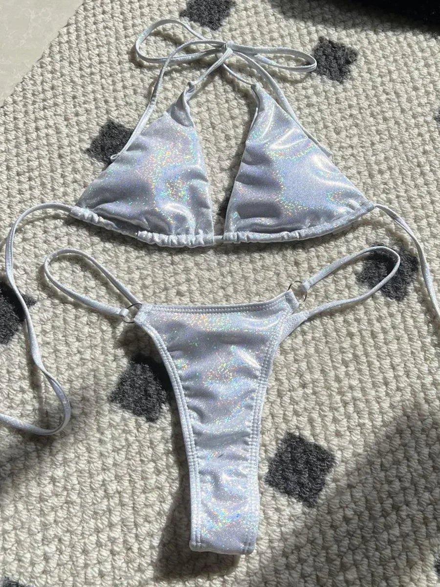 Halter Shiny PU Faux Leather Bikini Female Swimsuit Women Swimwear Two-piece Bikini Set Mini Micro Thong Bathing Suit Swim Lady