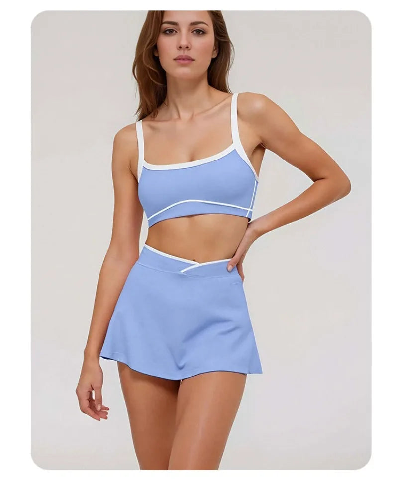 2 Pieces Women's Nude Yoga Set Bra Skirt Tracksuit Running Fitness Sports Set Slim Fit High Waist Beautiful Back Suit