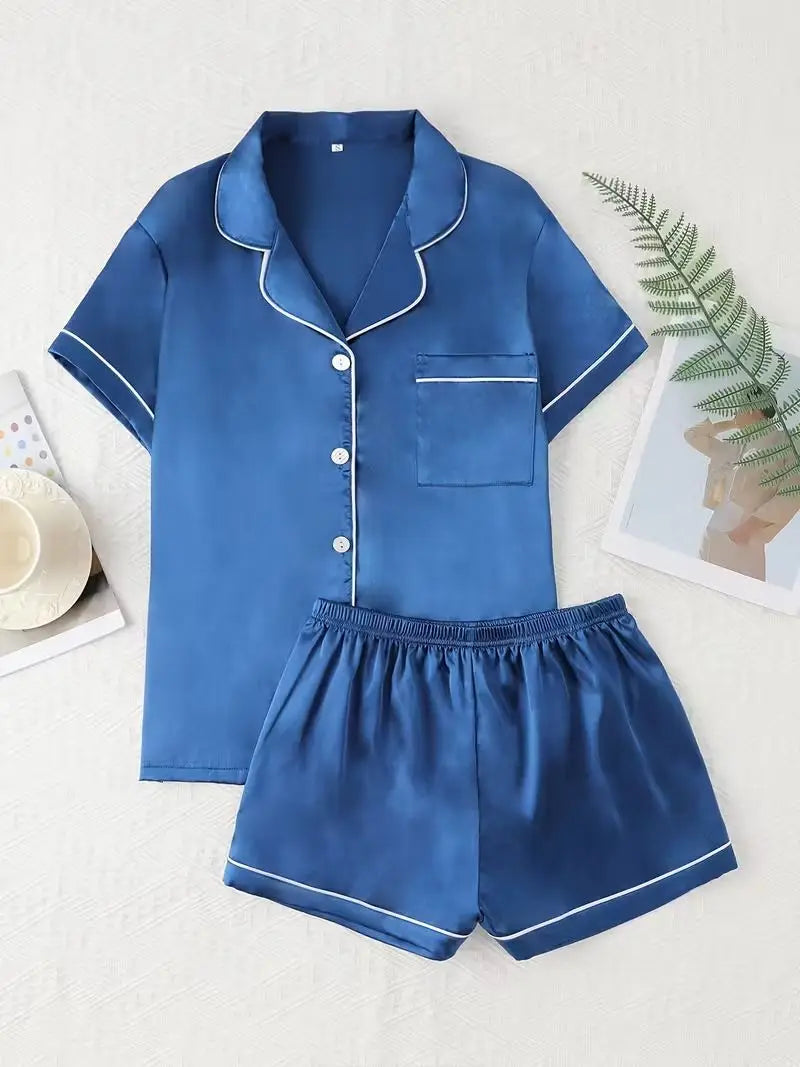 Summer Silk Satin Pajamas Set Womens Short Sleeve Turn-down Collar Button Top & Shorts Sleepwear Loungewear Nightwear