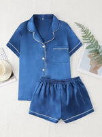 Summer Silk Satin Pajamas Set Womens Short Sleeve Turn-down Collar Button Top & Shorts Sleepwear Loungewear Nightwear