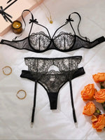 Black Thigh-High Stockings With Sexy Lace Single-Layer Thin Embroidered Lingerie Set, French-Style Pure Passion ZA825205