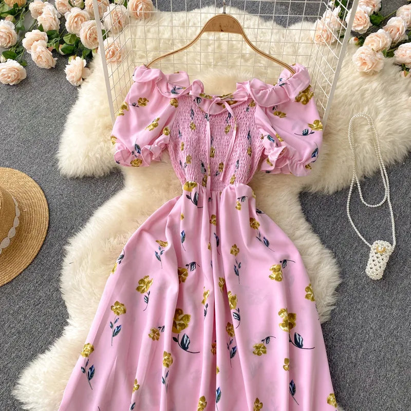 2025 Summer French Vintage Floral Dress Fashion Elegant High-Waisted Drawstring Vestidos Printed Fresh And Sweet Long Dresses