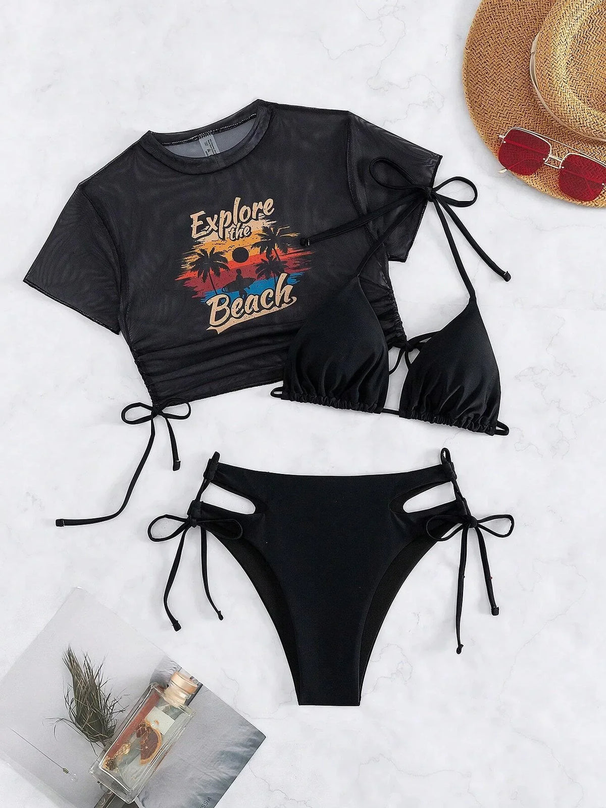2026 Black Crop Top Swimwear Women Summer Sexy Beachwear Mesh Short Sleeve Cover Ups Top Three Piece Swimsuit Lace Up Bikini Set