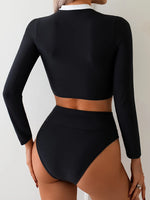 Vintage Black Contrast Bikini 2025 Women Long Sleeve Slim Shirt Top High Waist Sunscreen Swimsuit Beach Bathing Suit Swimwear